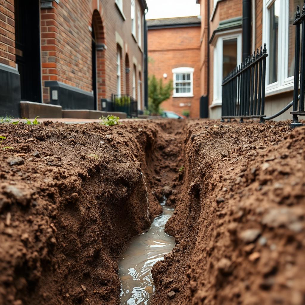 Excavated trench beside a UK Victorian terraced house exposing a burst underground water supply pipe
